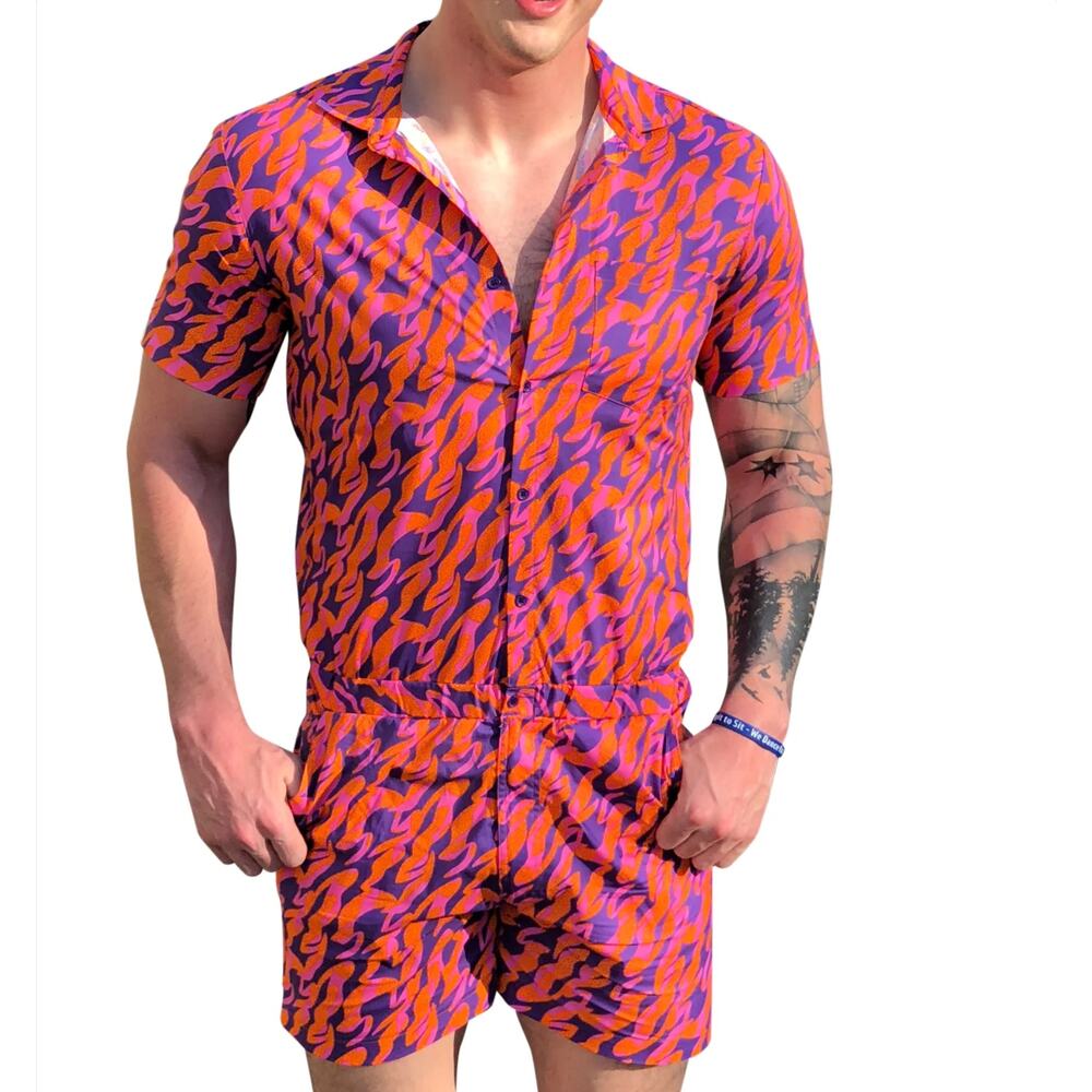 Zesties Male Romper Shorts Colorful Wildfire Pattern Mens Medium Summer Festival